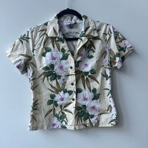 MD Fashion Women's Cream Tropical Floral Print Button-Up T-Shirt Size XS
